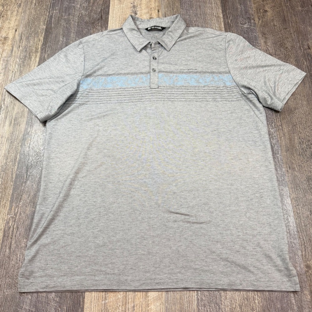 Travis Mathew Polo Shirt Mens XXL Gray Blue Stripe Performance Golf Top